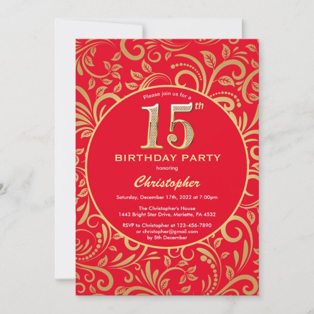 15th Birthday Red and Gold Floral Pattern Invitation (Front)
