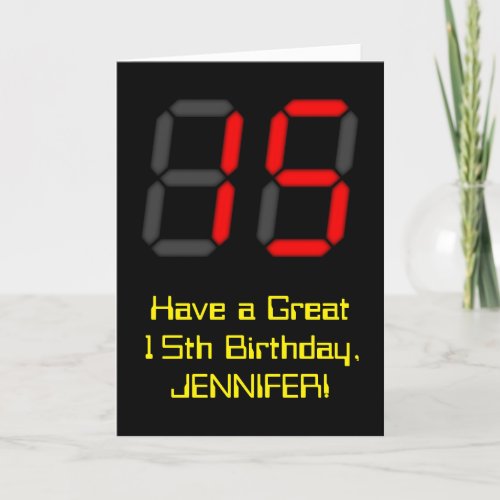 15th Birthday Red Digital Clock Style 15  Name Card