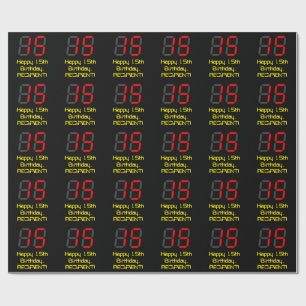 15th Birthday: Red Digital Clock Style "15" + Name Wrapping Paper