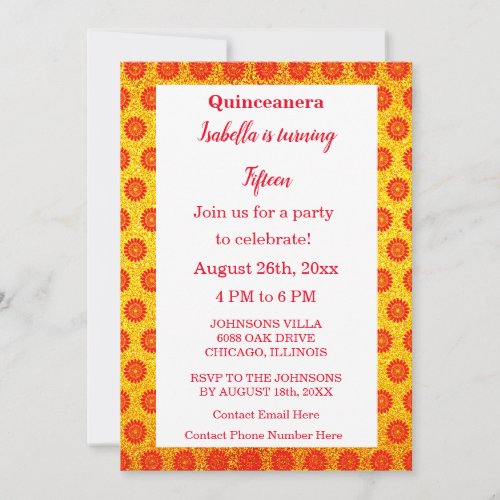 15th Birthday Red Floral Quinceanera Gold Glitter Invitation
