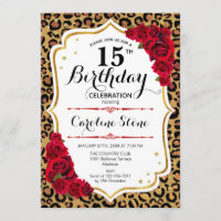 15th Birthday - Red Gold Leopard Print