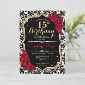 15th Birthday - Red Roses Gold Black Damask Invitation (Standing Front)