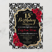 15th Birthday - Red Roses Gold Black Damask Invitation (Front/Back)