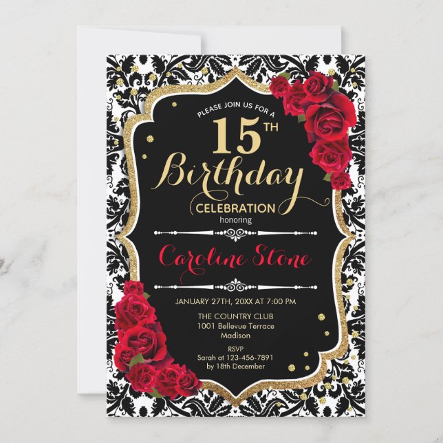 15th Birthday - Red Roses Gold Black Damask Invitation (Front)