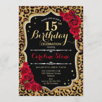 15th Birthday - Red Roses Leopard Print