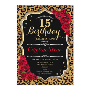 15th Birthday - Red Roses Leopard Print Invitation