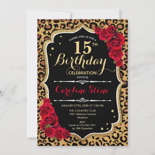 15th Birthday _ Red Roses Leopard Print Invitation