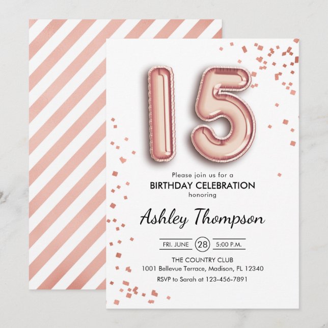 15th Birthday - Rose Gold Balloons Invitation (Front/Back)