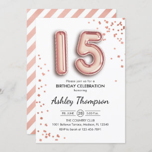 15th Birthday - Rose Gold Balloons Invitation
