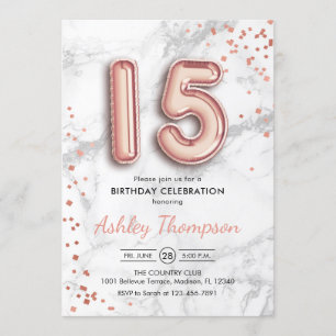 15th Birthday - Rose Gold Balloons Marble Effect Invitation