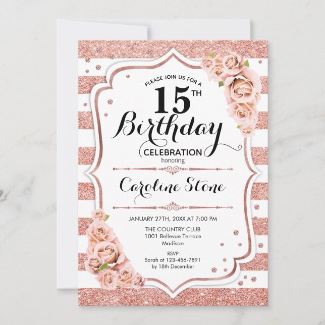 15th Birthday -  Rose Gold White Stripes Invitation (Front)