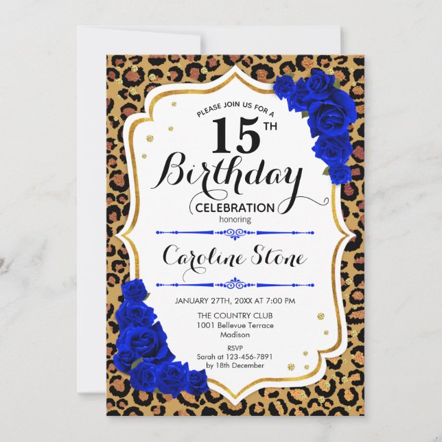 15th Birthday - Royal Blue Gold Leopard Print Invitation (Front)