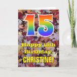 [ Thumbnail: 15th Birthday; Rustic Autumn Leaves; Rainbow "15" Card ]