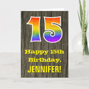 15th Birthday: Rustic Faux Wood Look, Rainbow "15" Card