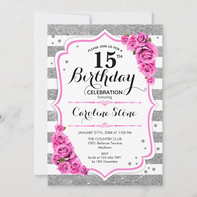15th Birthday -  Silver White Stripes Pink Roses Invitation (Front)