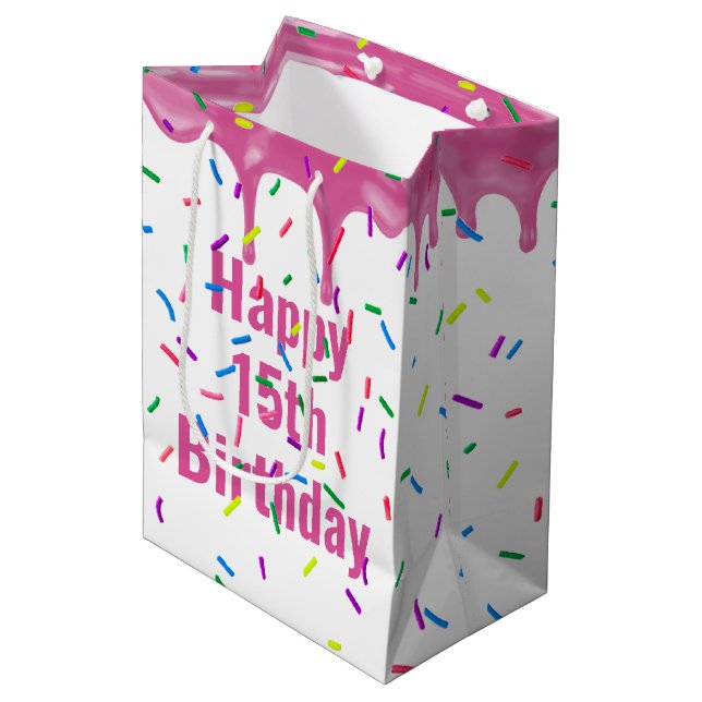 15th Birthday Sprinkles On Pink Icing Medium Gift Bag (Front Angled)