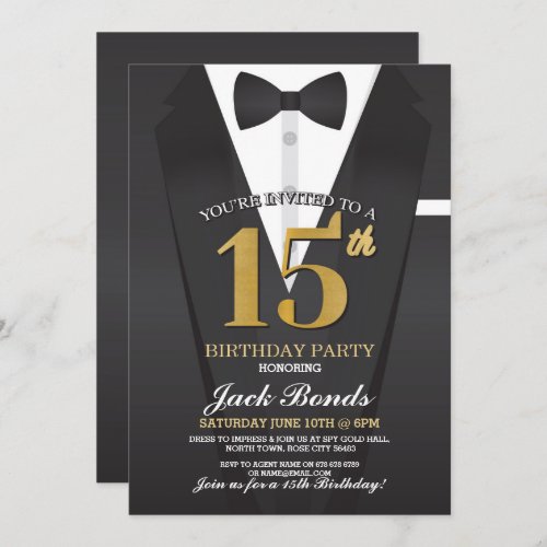 15th Birthday Spy Suit Black tie Gold Tuxedo Ball Invitation
