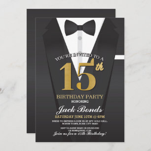15th Birthday Spy Suit Black tie Gold Tuxedo Ball Invitation