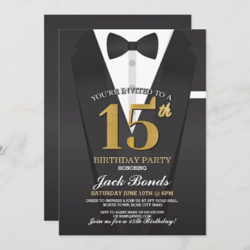 15th Birthday Spy Suit Black Tie Gold Tuxedo Ball Invitation by WOWWOWMEOW at Zazzle