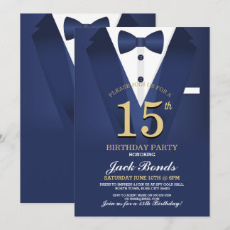 15th Birthday Spy Suit Black tie Gold Tuxedo Ball Invitation