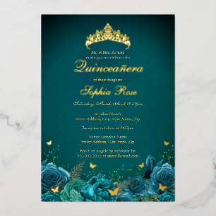 15th Birthday Teal Floral Butterfly Quinceanera Foil Invitation