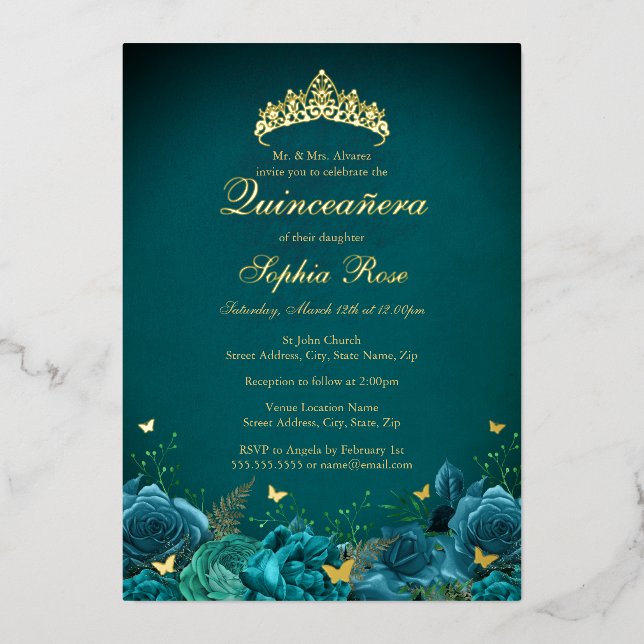 15th Birthday Teal Floral Butterfly Quinceanera Foil Invitation (Front)