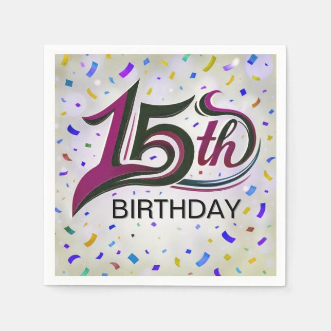 15th Birthday Text With Party Confetti Napkins (Front)