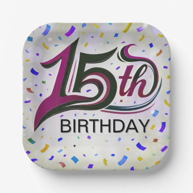 15th Birthday Text With Party Confetti Paper Plates (Front)