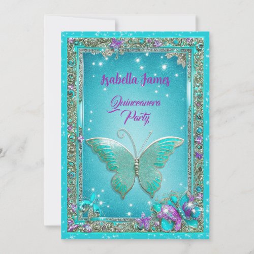 15th birthday turquoise purple butterflies classy invitation