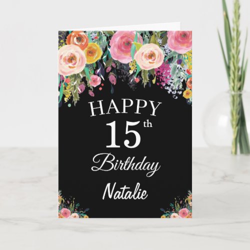15th Birthday Watercolor Floral Flowers Black Card