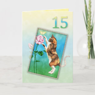 15th Birthday with a playful cat Card