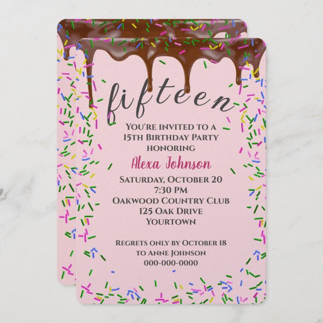 15th Birthday With Chocolate Icing And Sprinkles Invitation (Front/Back)