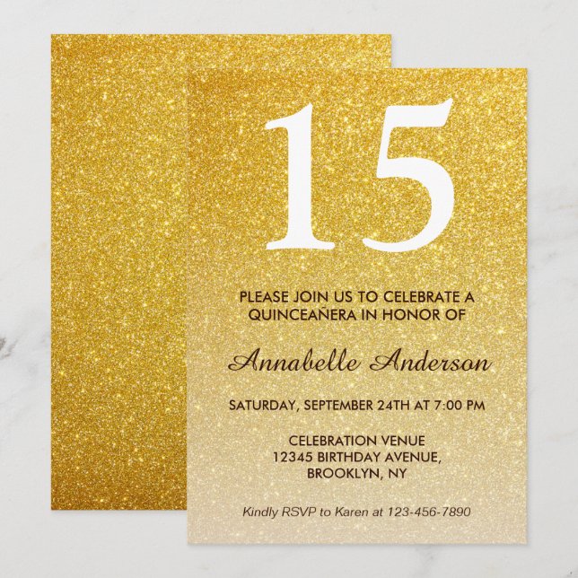 15th Birthday Yellow Gold Glitter Quinceañera Invitation (Front/Back)
