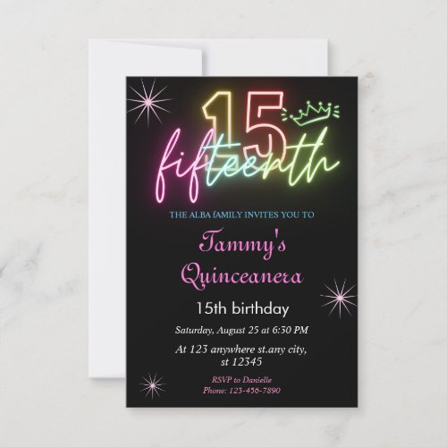  15th BirthdayGlow Neon Quinceanera  Invitation