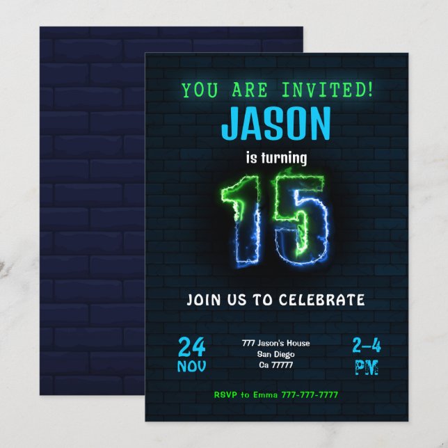 15th Boy Birthday Invitation (Front/Back)