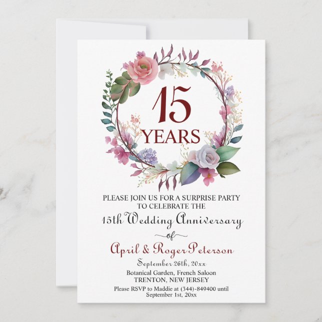 15th Crystal Surprise Wedding Anniversary Floral Invitation (Front)