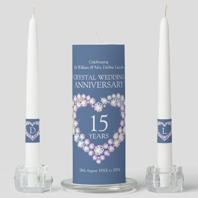 15th crystal wedding anniversary blue custom unity candle set (Front)