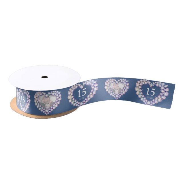 15th crystal wedding anniversary blue photo heart satin ribbon (Spool)