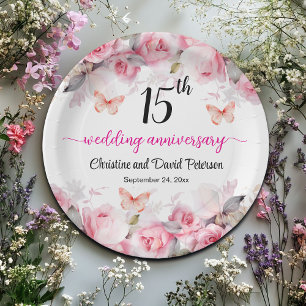 15th Crystal Wedding Anniversary Blush Roses Paper Plates