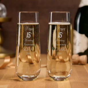15th Crystal Wedding Anniversary Elegant Script Stemless Champagne Flute