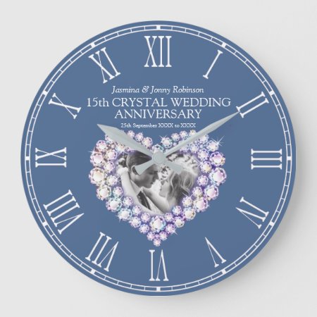 15th Crystal Wedding Anniversary Photo Heart Large Clock