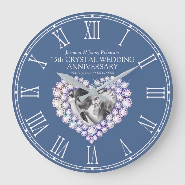 15th Crystal Wedding Anniversary photo heart Large Clock (Front)