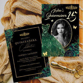 15th Emerald Green Gold Photo Quinceanera Foil Inv Foil Invitation by LittleBayleigh at Zazzle