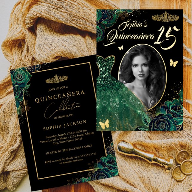 15th Emerald Green Gold Photo Quinceanera Foil Inv Foil Invitation (Creator Uploaded)