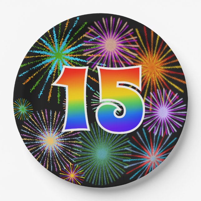 15th Event - Fun, Colorful, Bold, Rainbow 15 Paper Plates (Front)
