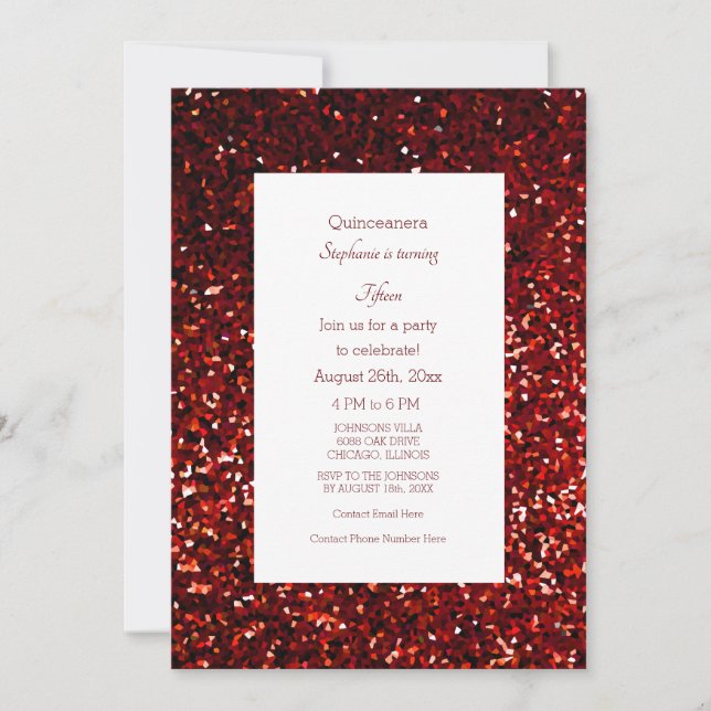 15th Fifteenth Birthday Burgundy Red Glitter 2024 Invitation (Front)
