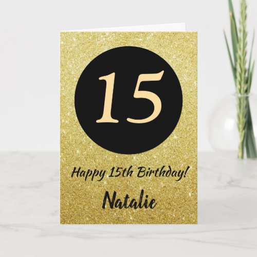 15th Happy Birthday Black and Gold Glitter Card