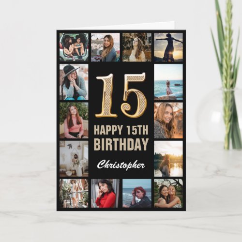 15th Happy Birthday Black and Gold Photo Collage Card