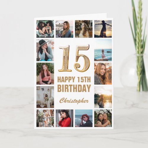 15th Happy Birthday Gold and White Photo Collage Card