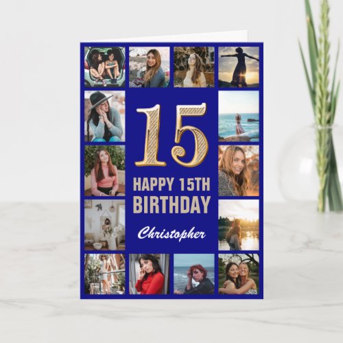 15th Happy Birthday Navy Blue  Gold Photo Collage Card